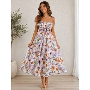 En Saison Constantina Floral Smocked Midi Dress Orange Multi L NWT